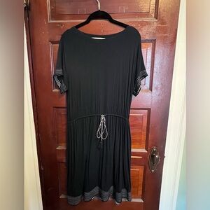 LOFT Dark Navy and White Midi Dress with Striped Sleeve Accents